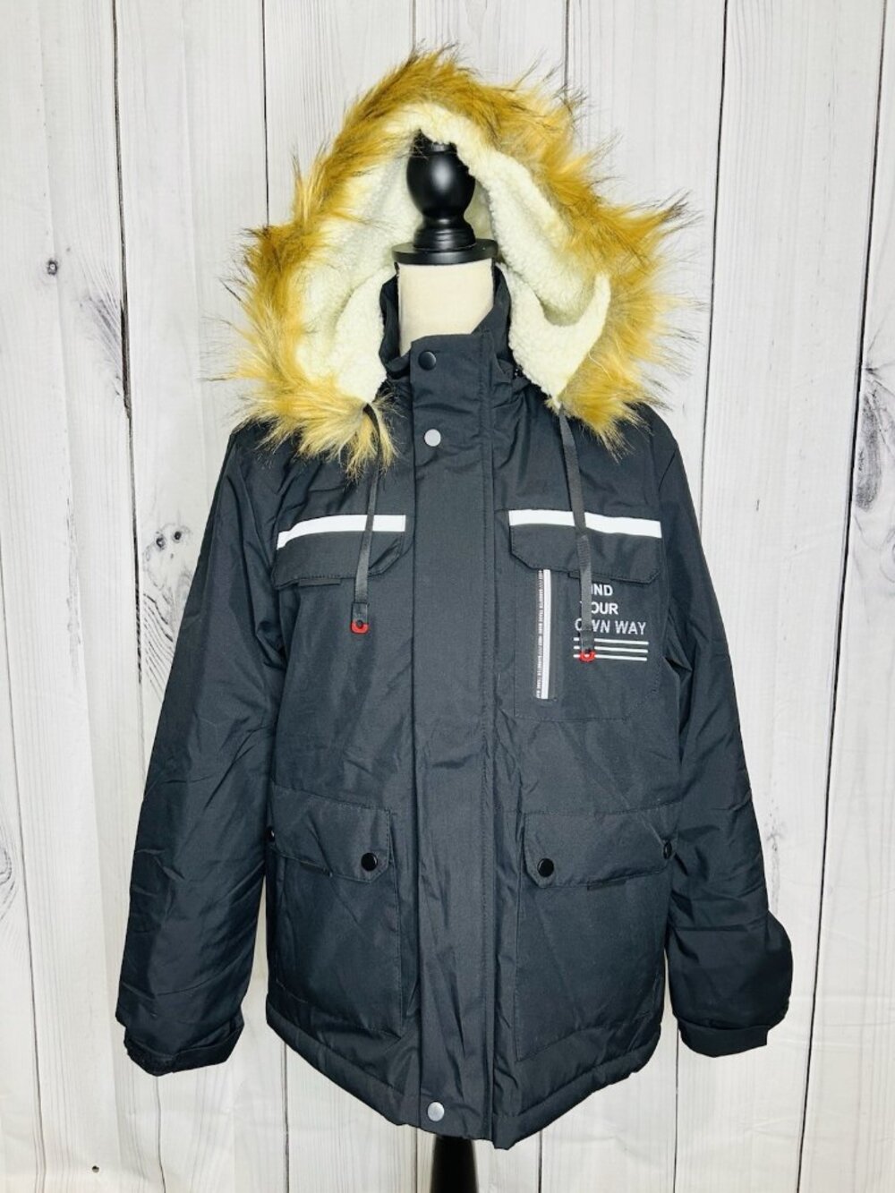 Leduntino Windbreaker Jacket Sz S Fur Hoodie Full Zip Black Sherpa Lined